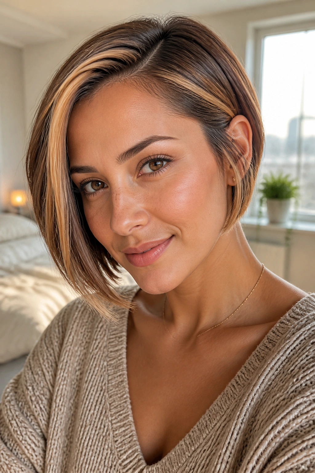 Close-up of a side-part hairstyle with a bright caramel money piece at the front hairline