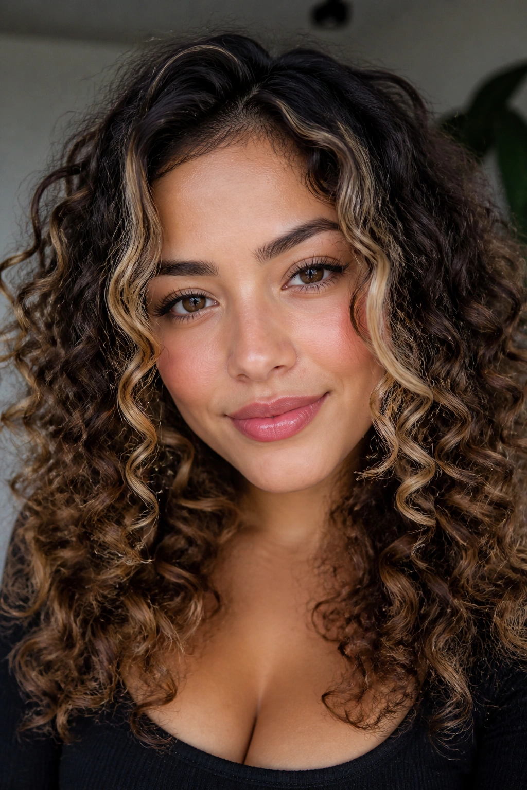 Close up of face framing money pieces on curly hair