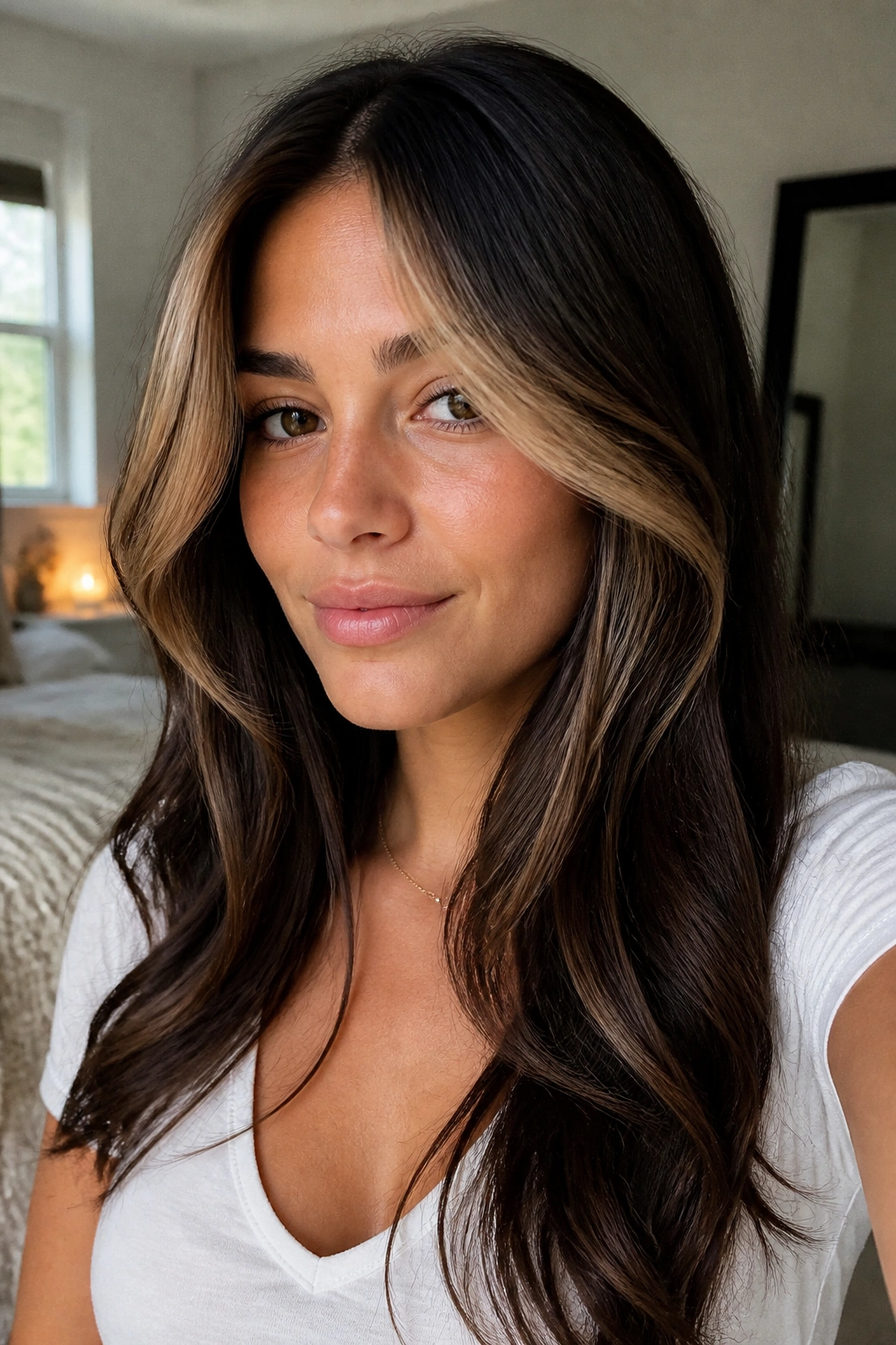 Close-up of brunette with money piece blending into curtain bangs under warm window light