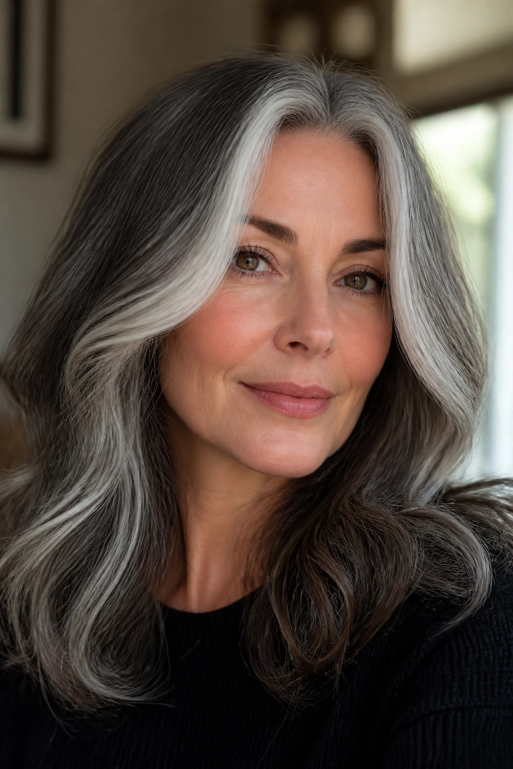 Close-up of a real woman with face-framing silver strands around her cheeks