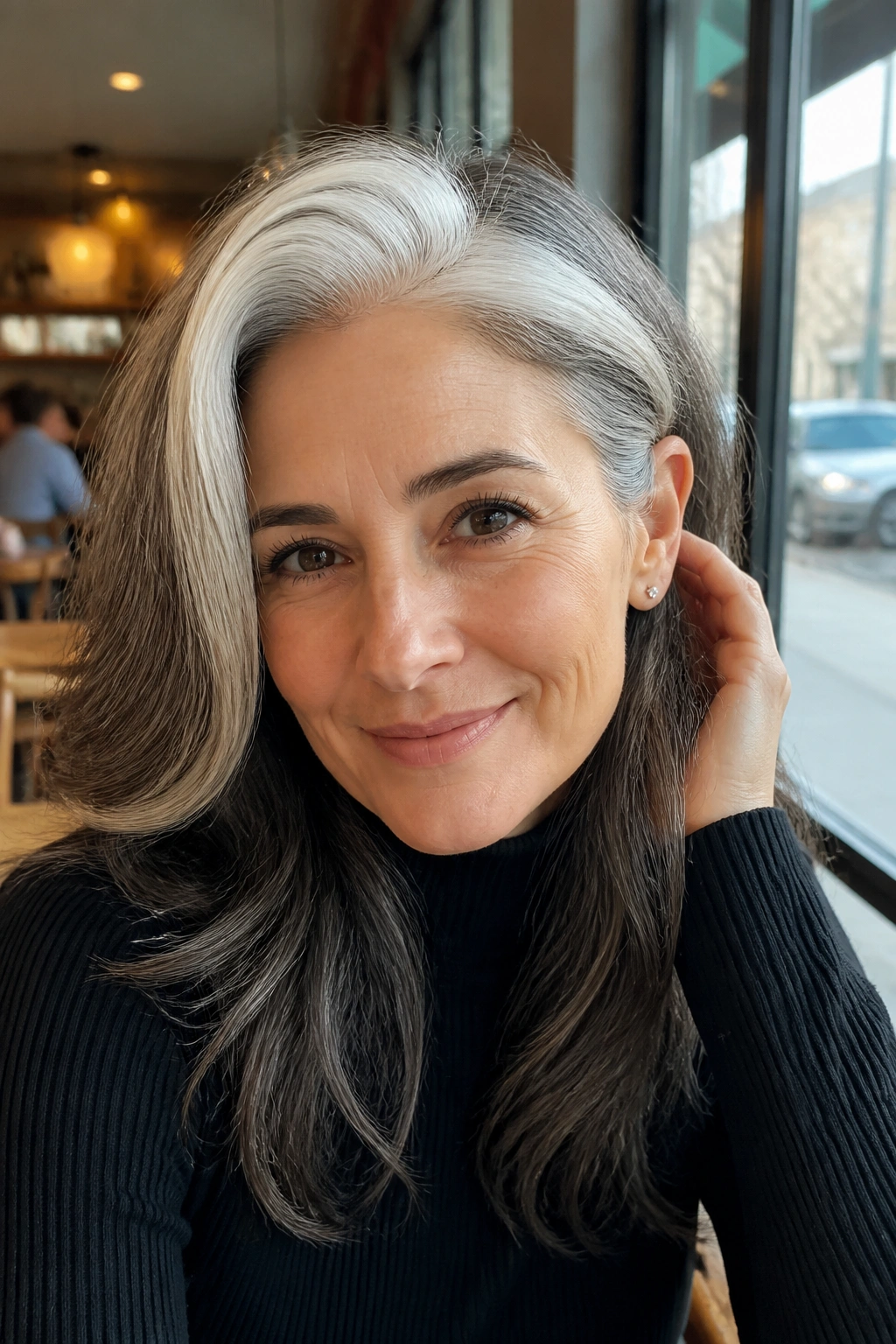 Real woman with chunky money piece at hairline in salt-and-pepper hair