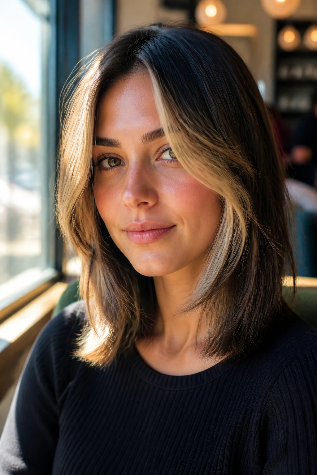 Close-up of a real woman with money-piece layers framing the eyes in a cafe