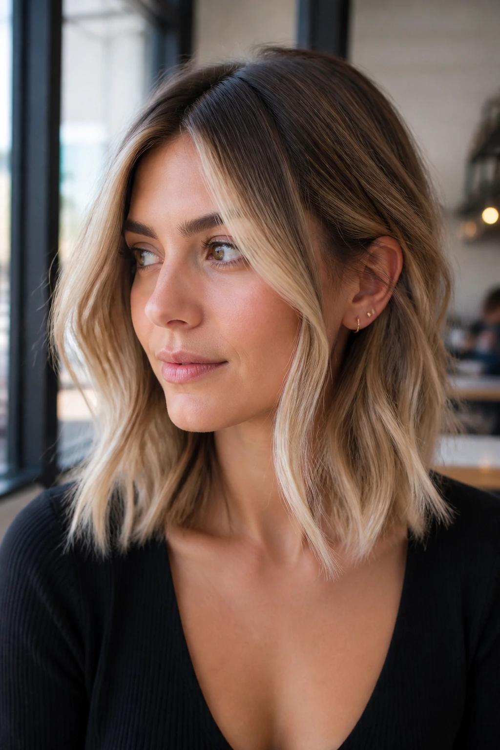 Close-up of a real woman with money-piece lob balayage.
