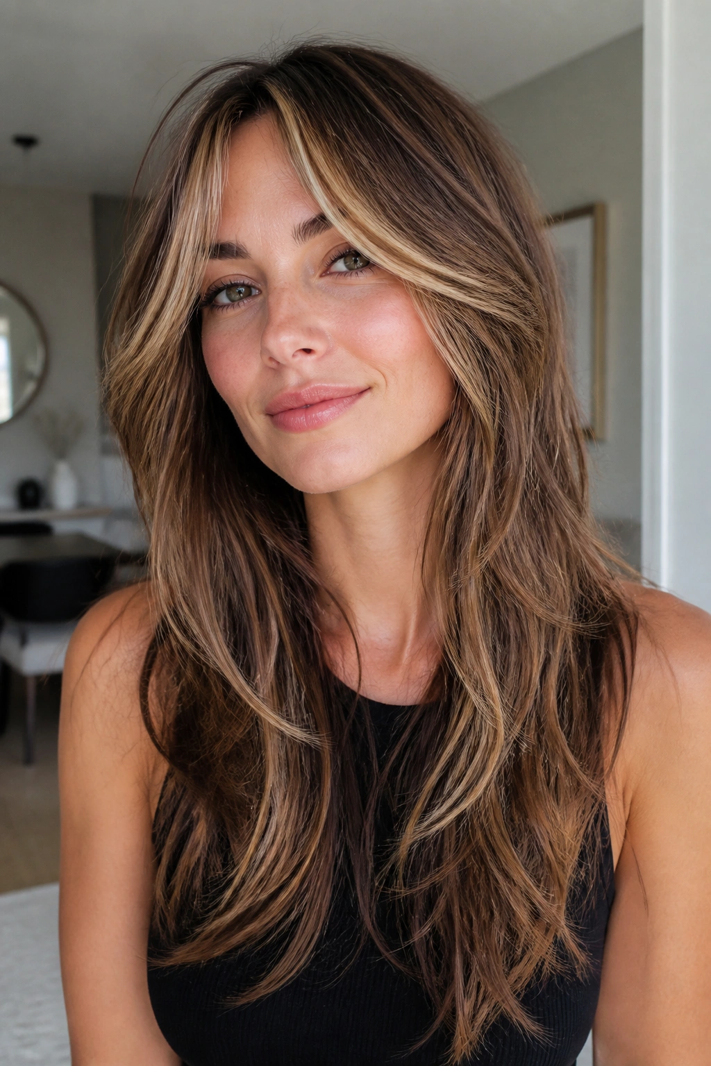 Close-up portrait of a real woman with money-piece highlights and long shag layers
