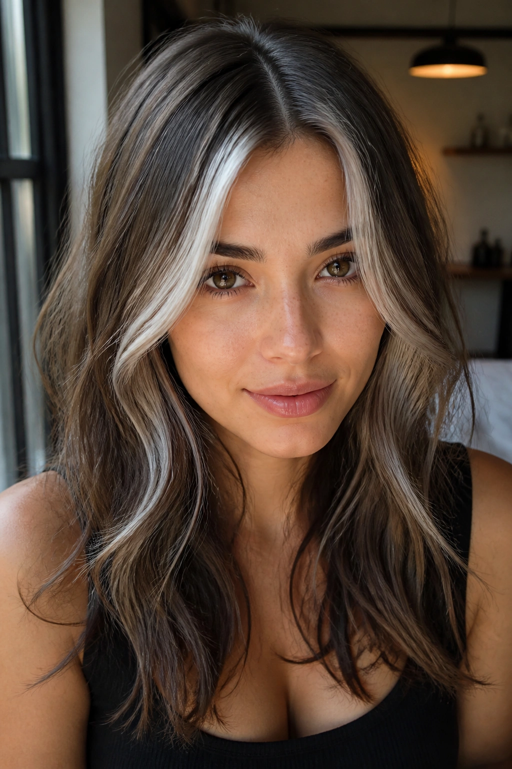 Real person with a bright silver money piece framing the face on medium brown hair.
