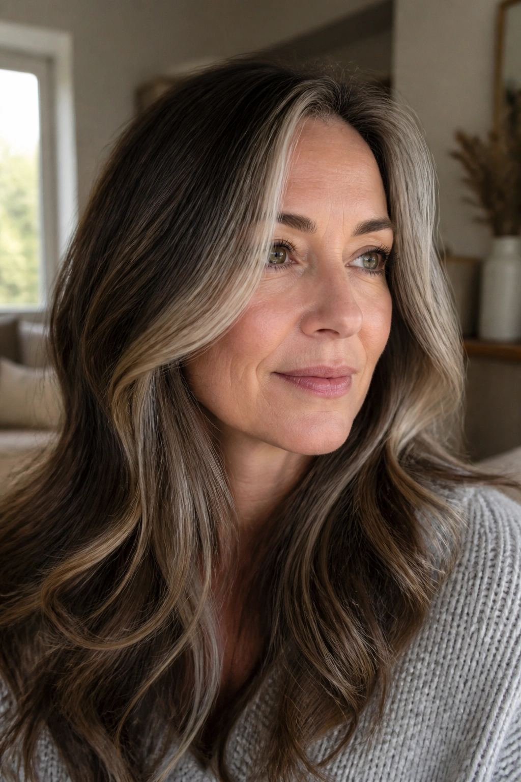 Close-up of a real woman with face-framing money pieces highlighting the front hair around the cheeks.
