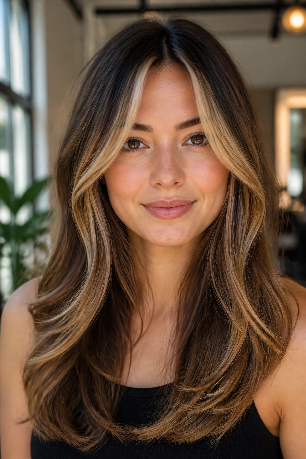 Portrait of a person with money-piece layers brightening the face.