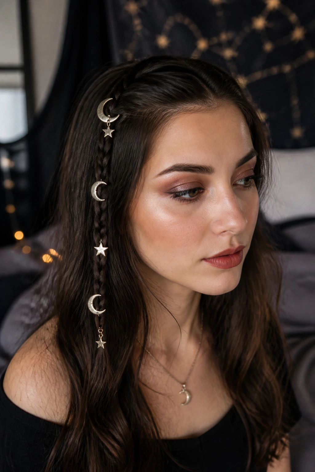 Close-up of a real woman with moon clip braids and crescent moon clips along the braid