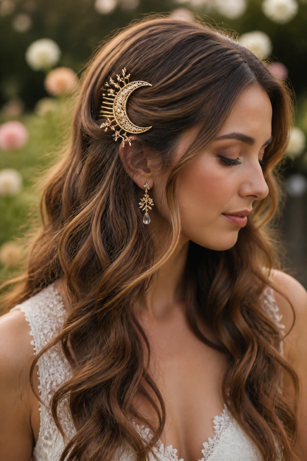 Close-up of a bride's hair with moon goddess waves and a crescent comb above the ear