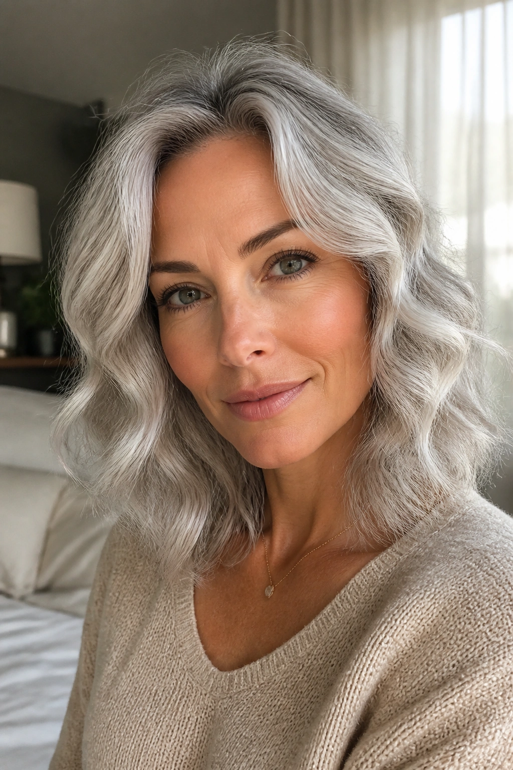 Close-up of a real woman with moonstone silver and soft curls