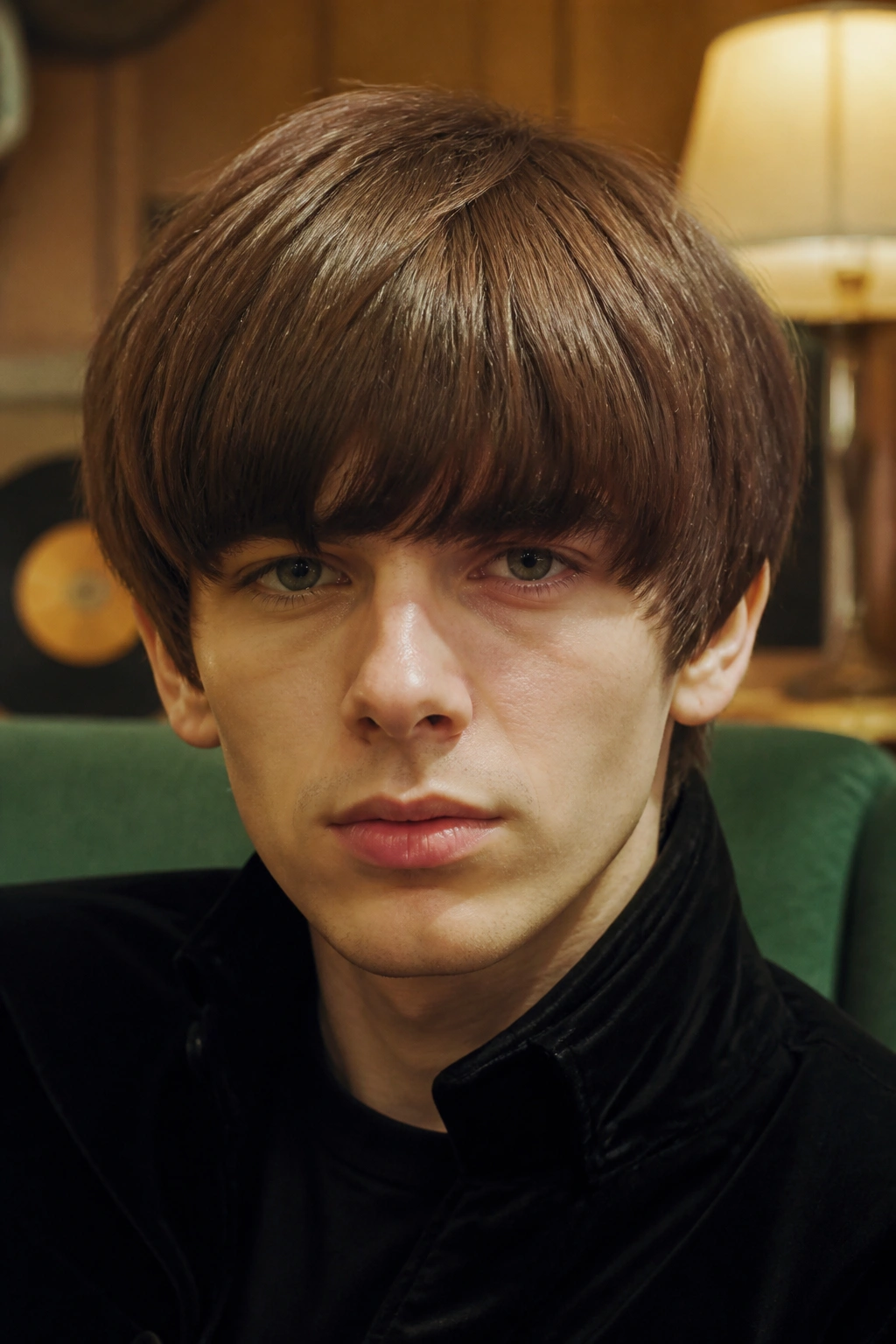 Real person with Beatles mop top and tapered sides in a retro room
