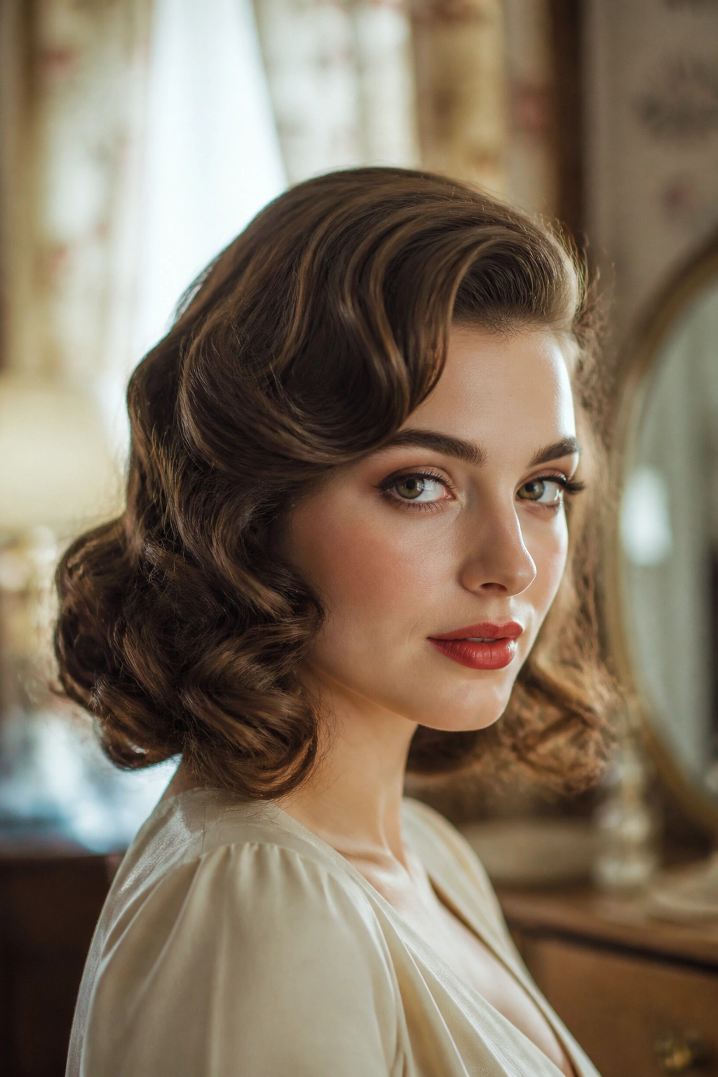 Close-up of a real woman with mousse-set curls and a side sweep in warm window light