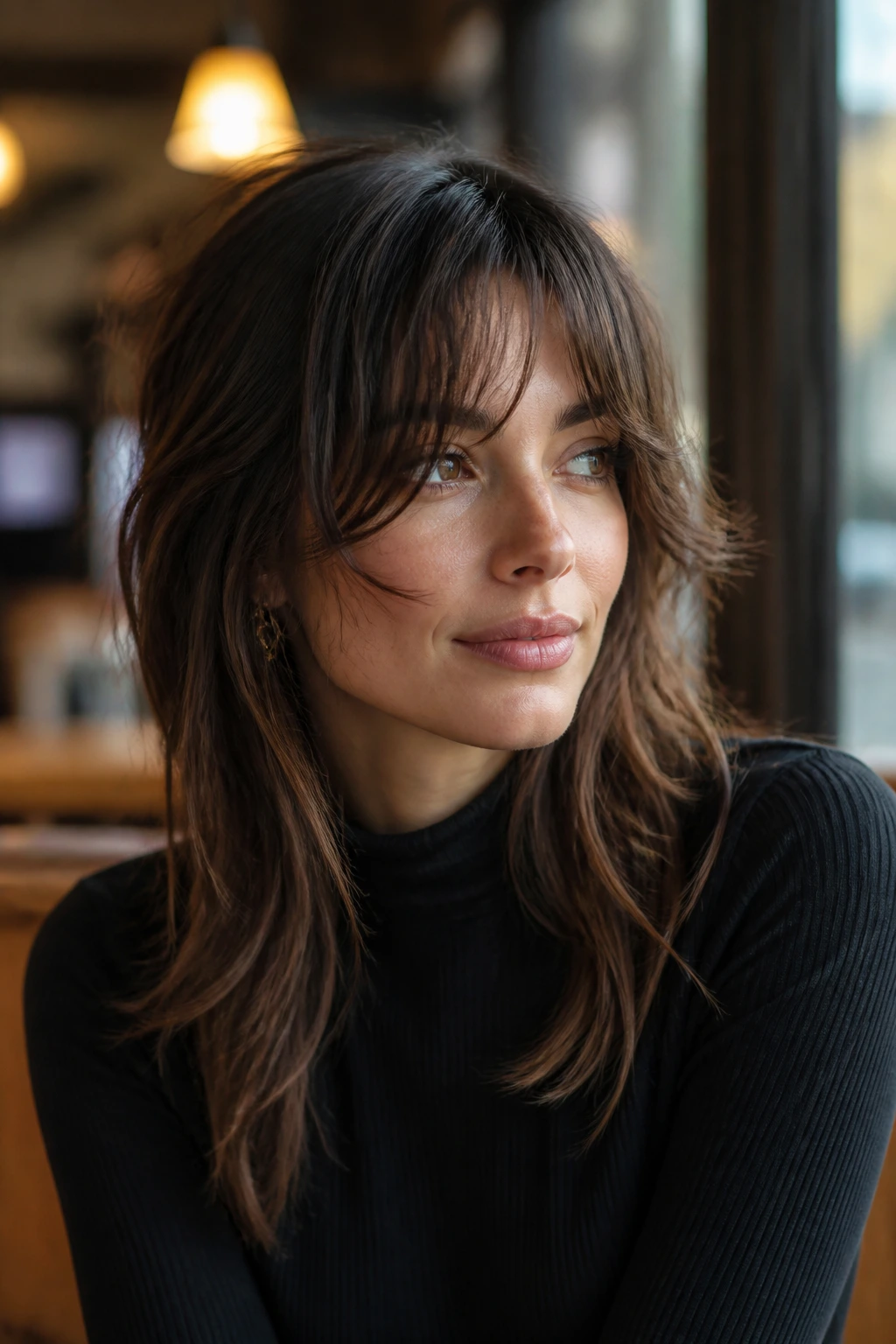 Close-up portrait of a real woman with movement-heavy layered fringe in a cozy cafe setting.