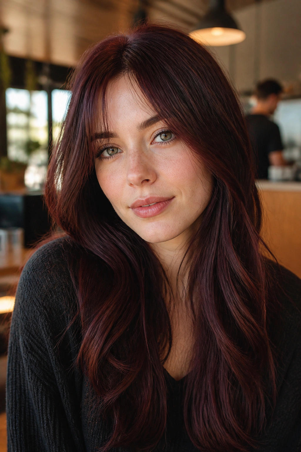 Close-up portrait of a person with mulberry brown hair in a cafe