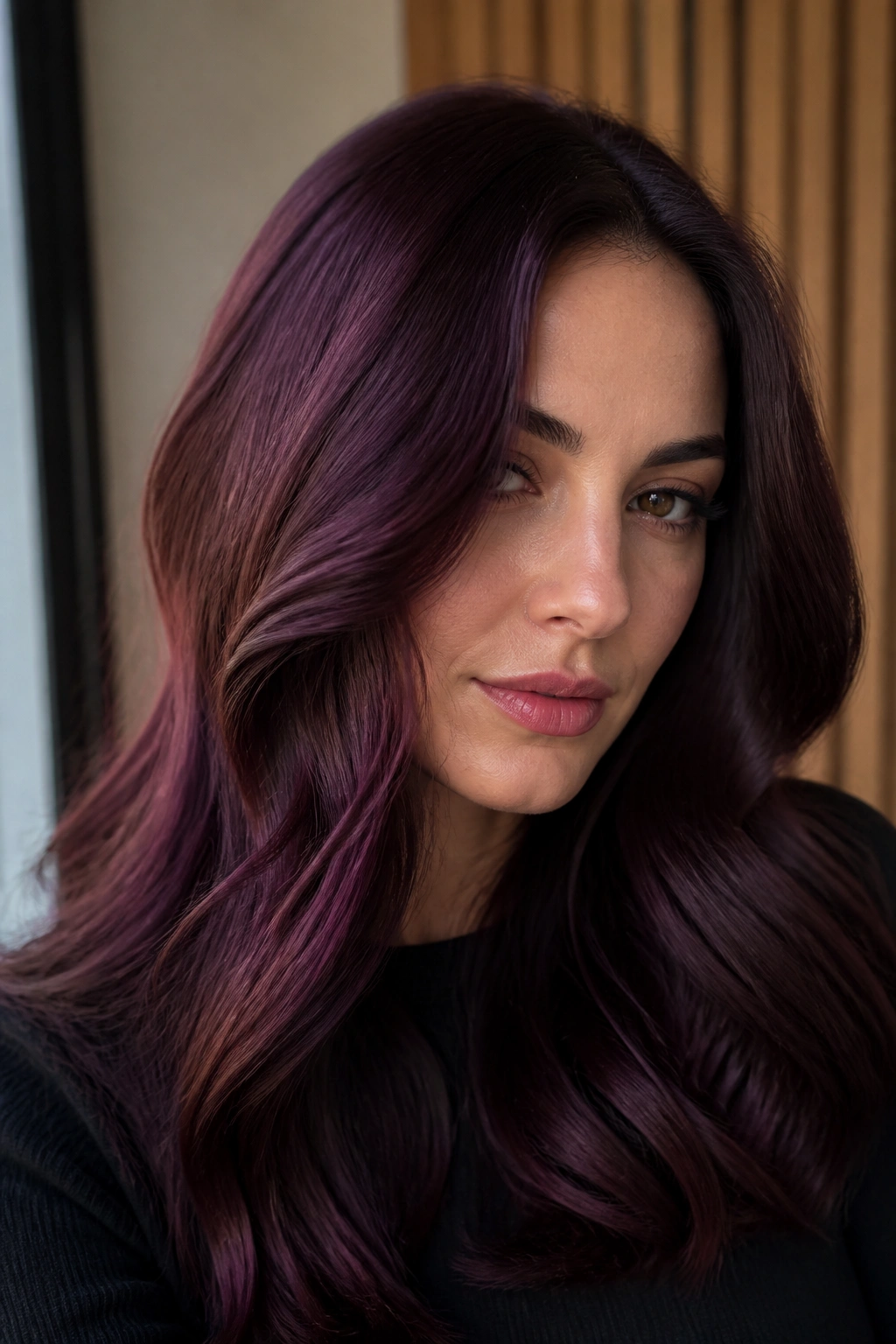 Close-up of a woman with mulberry brunette hair showing berry-violet undertones