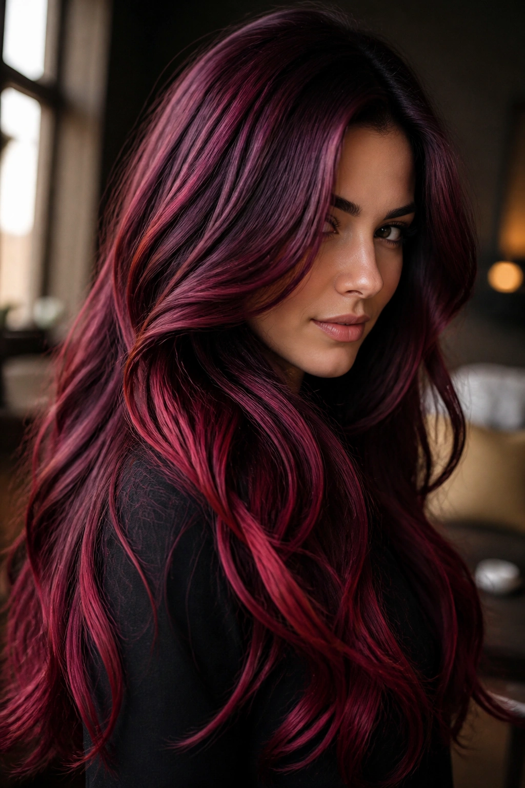Real woman with mulberry cranberry dimension hair close-up.
