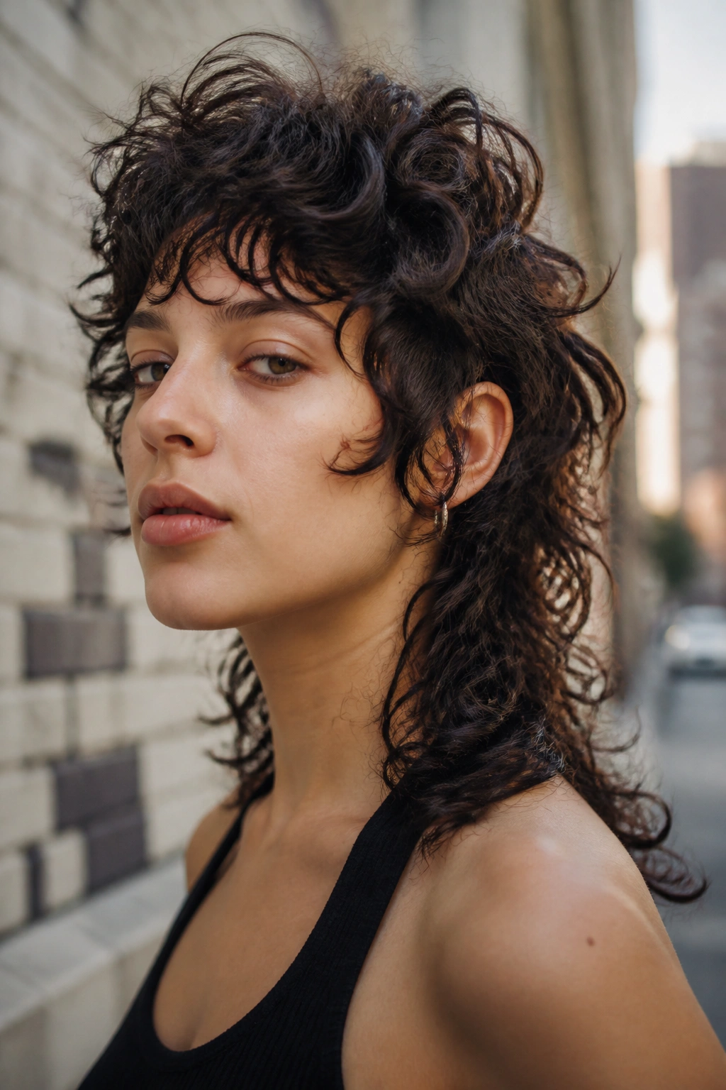 Portrait of a real person with mullet-inspired curly shag against an urban background