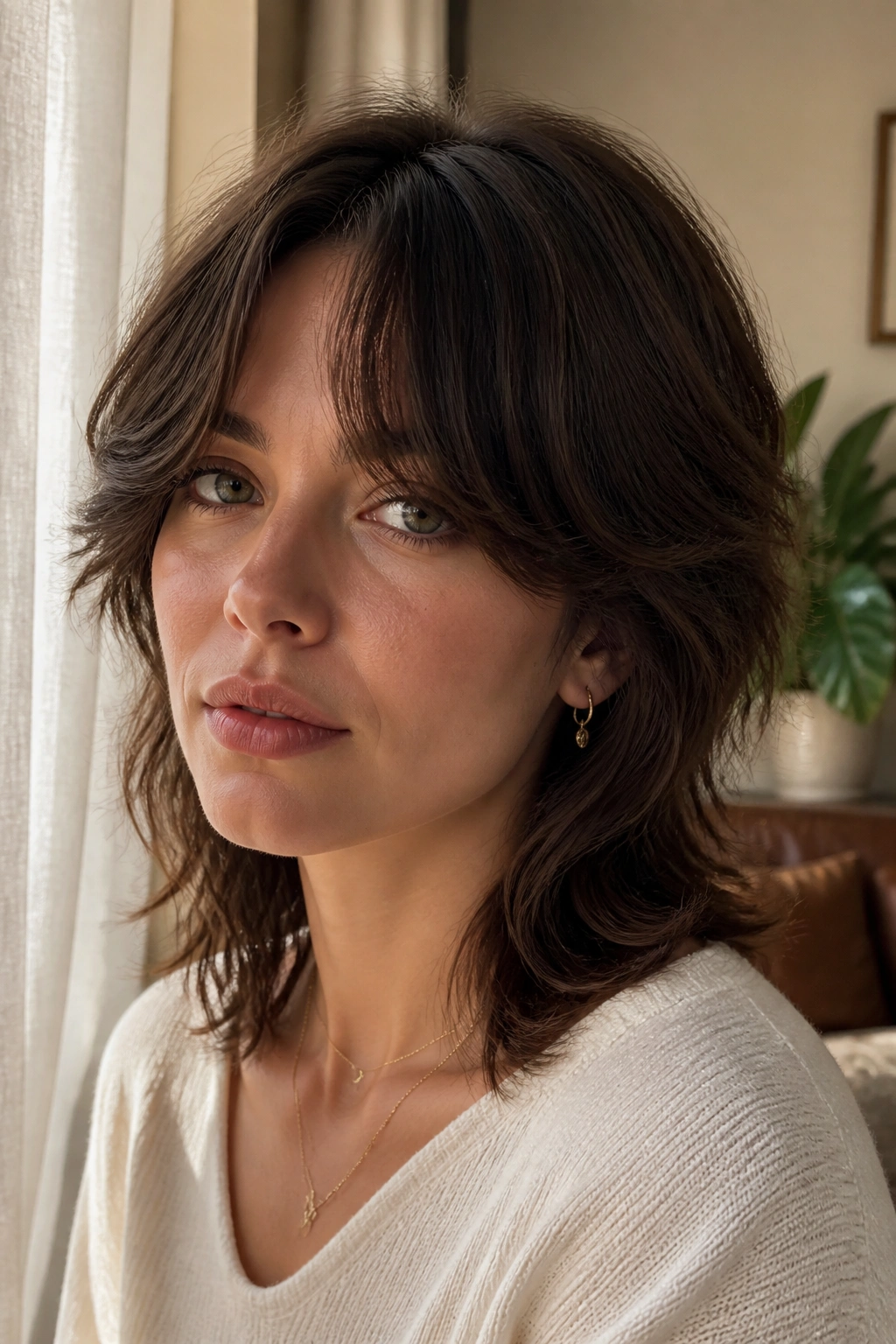 Close-up portrait of a woman with soft mullet and draped curtain bangs in natural window light