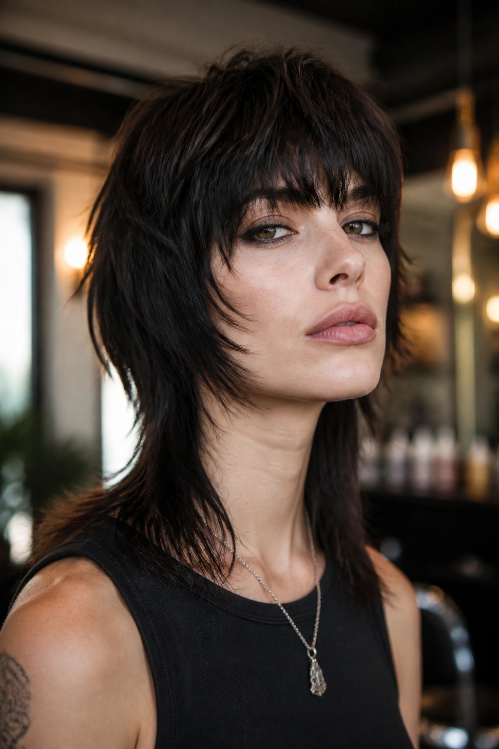 Close-up portrait of a real person with a bold mullet-forward wolf cut and heavy fringe framing the cheeks