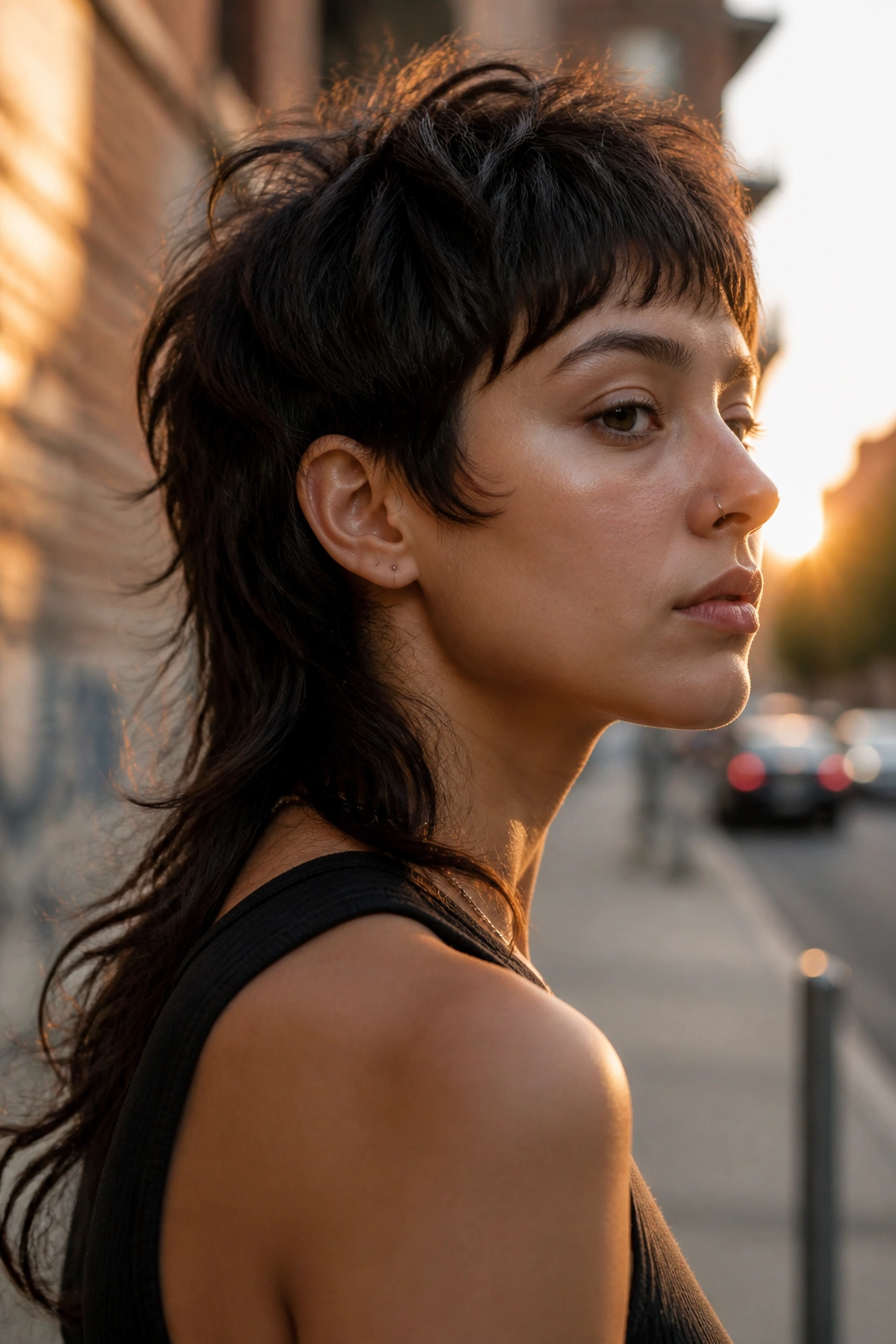 Portrait of a real person with mullet-forward wolf cut in urban setting.