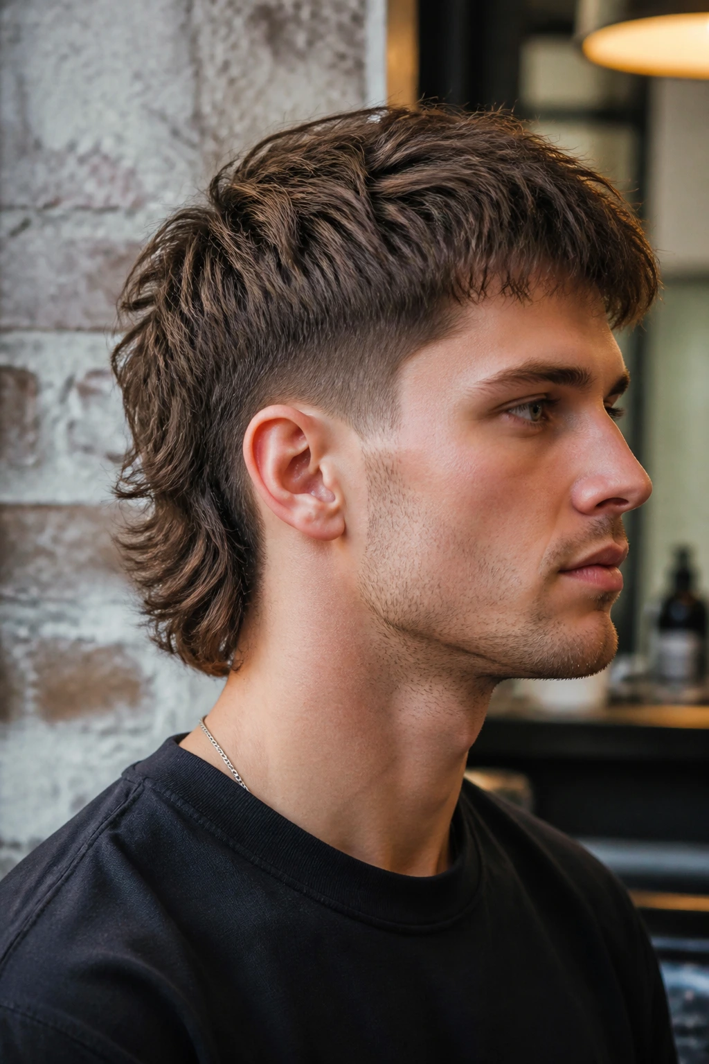 Close-up of a real man with a modern mullet featuring a blended back in natural salon light