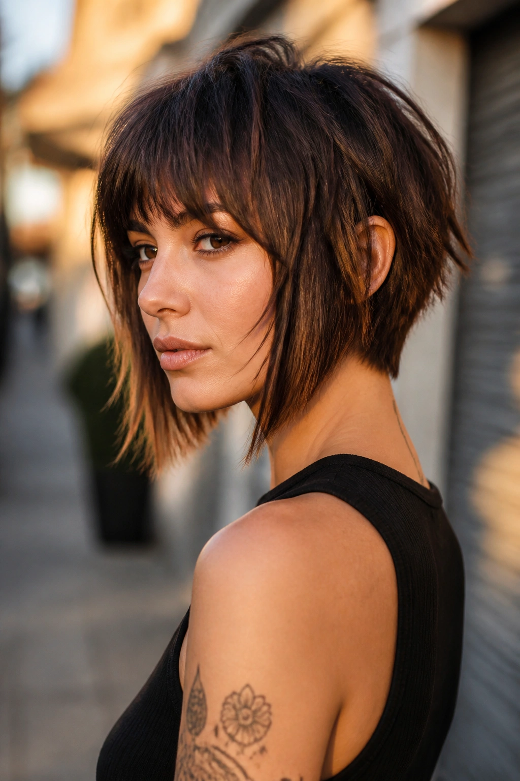 Three-quarter portrait of a real woman with mullet-inspired choppy bob and tapered neck