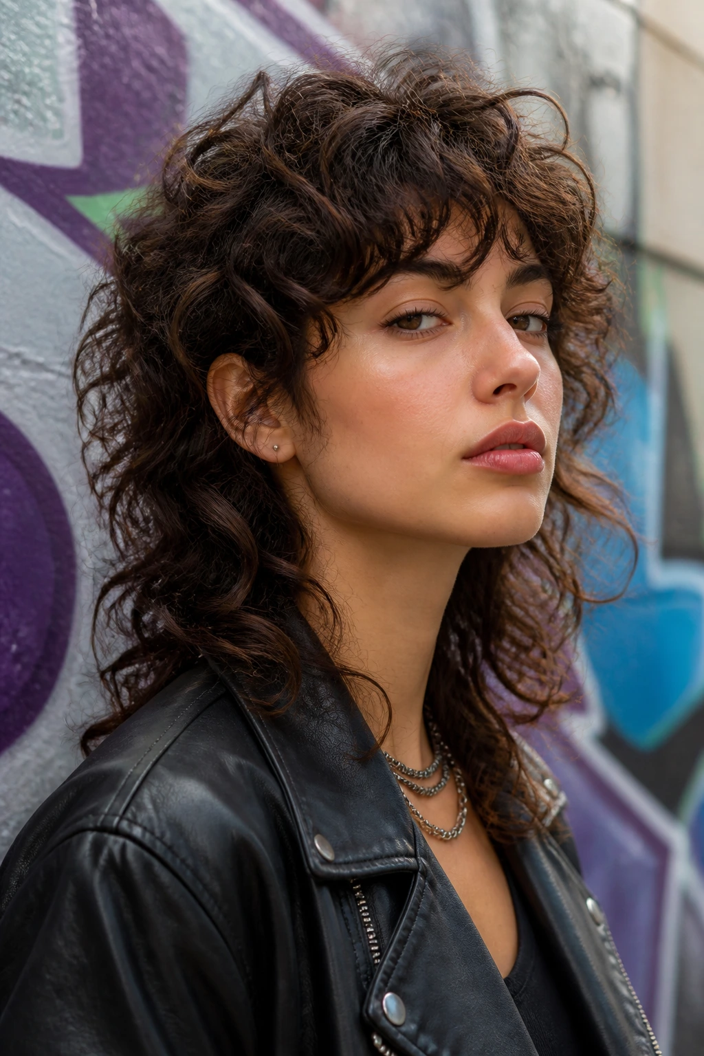 Real woman with mullet-inspired curly shag on an urban street backdrop.