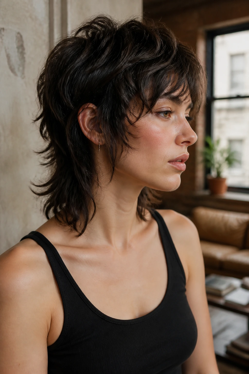 Close-up of a real woman with mullet-inspired shag and soft nape