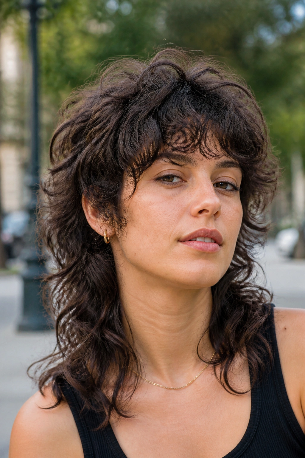 Real person with mullet-leaning curly wolf cut in outdoor daylight