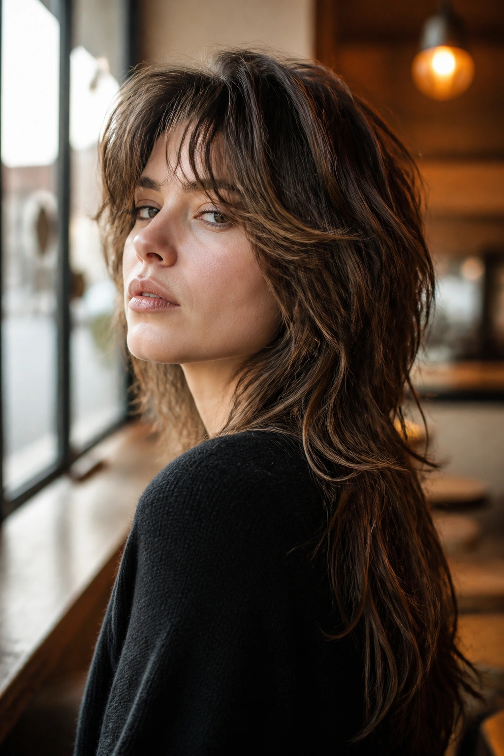 Close-up portrait of a real person with mullet-leaning long shag hairstyle showing crown lift and longer back