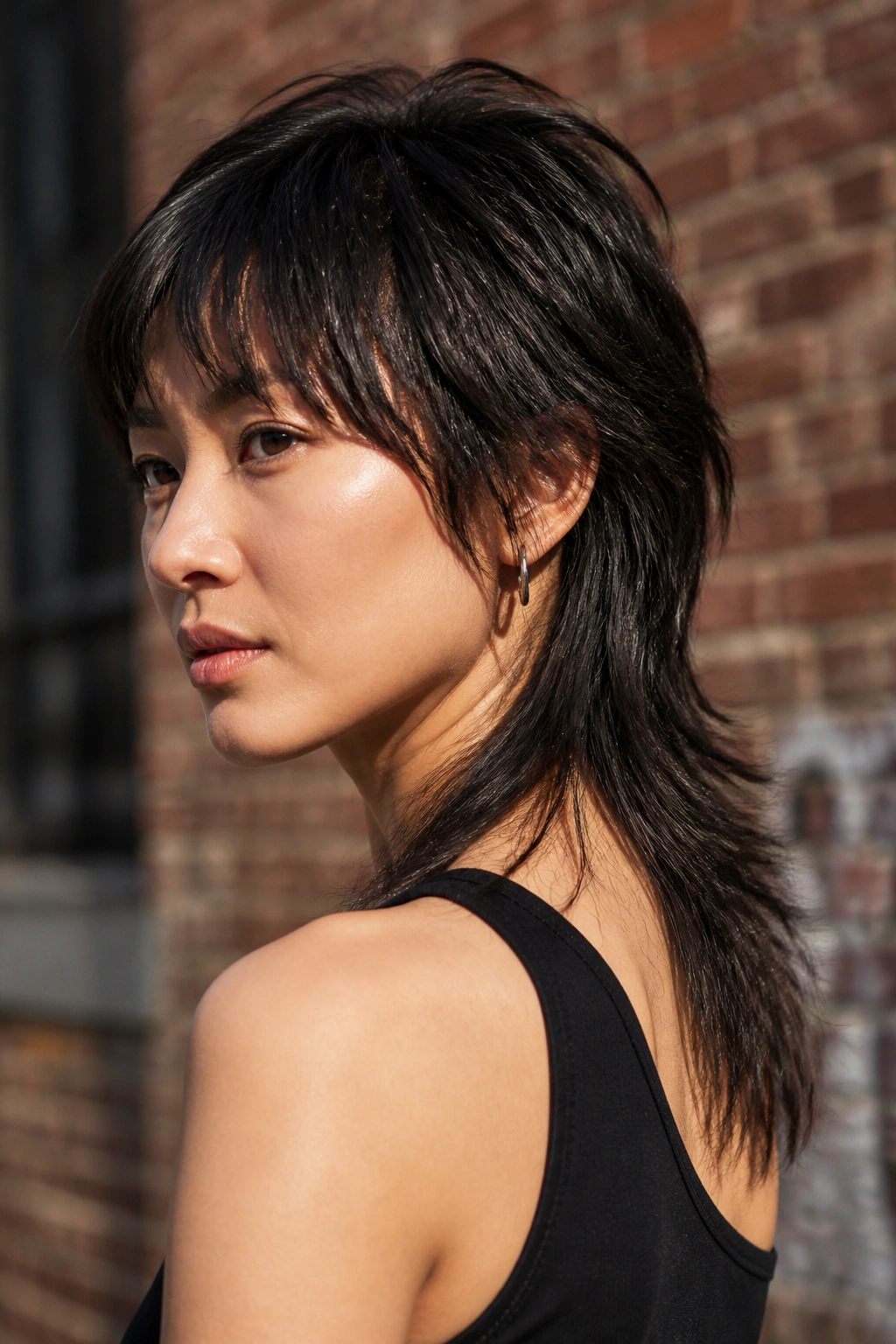 Real woman with a mullet-leaning wolf cut showing crown lift and longer back