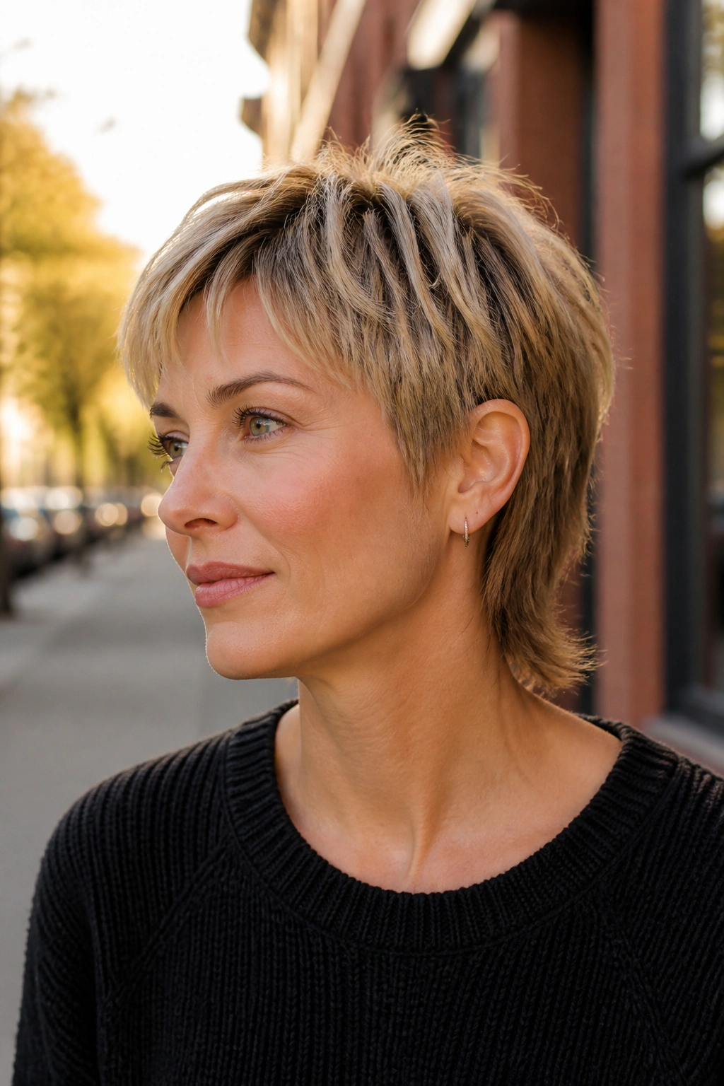 Close-up portrait of a real person with a mullet-lite crop on a sunny urban street