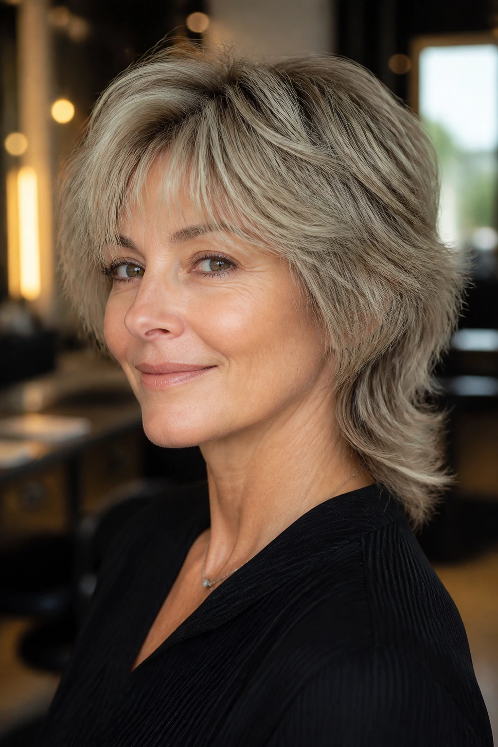 Close-up of a real woman with shaggy mullet-lite hairstyle in a fashionable salon