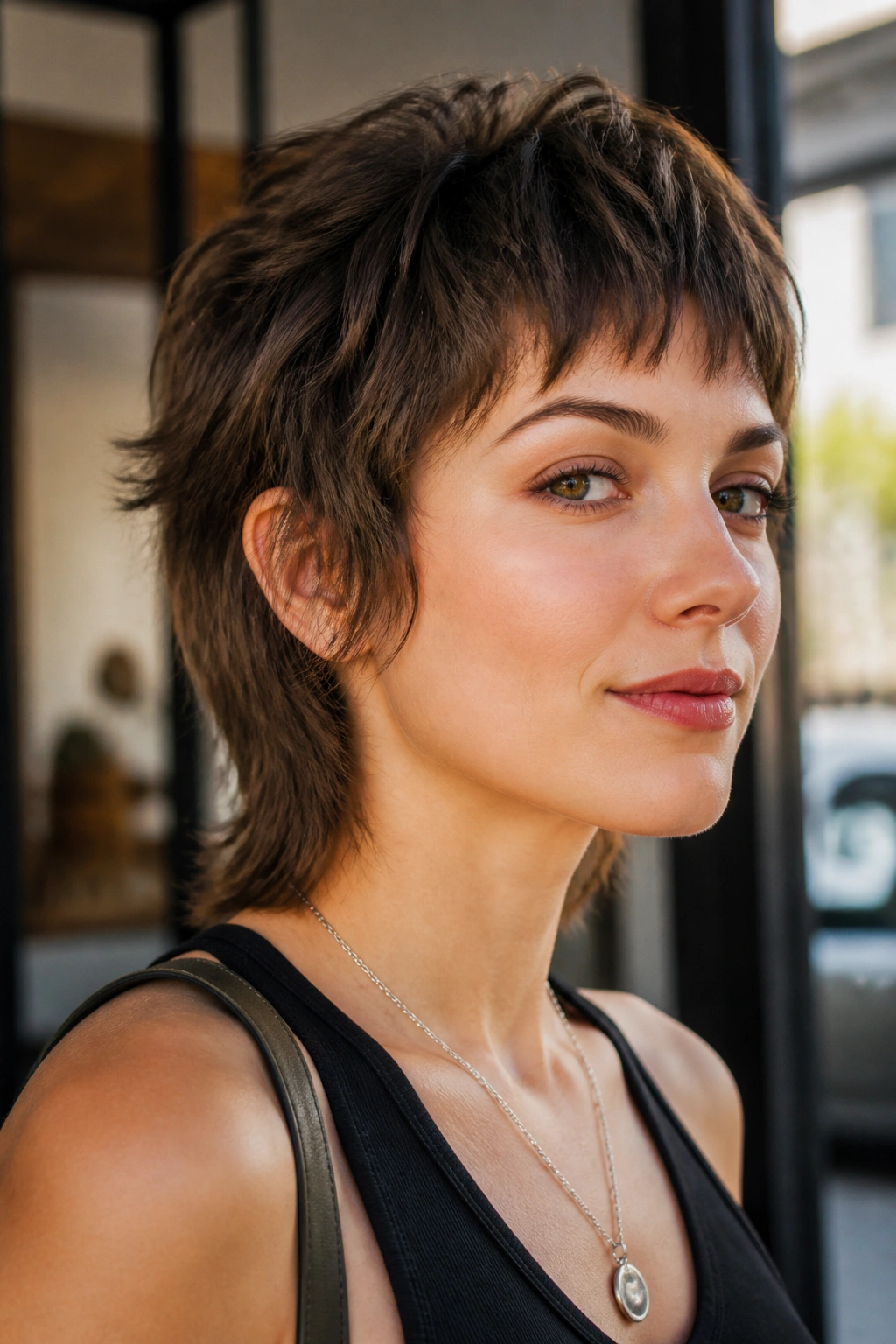 Close-up portrait of a real person with mullet-lite shag and choppy bangs