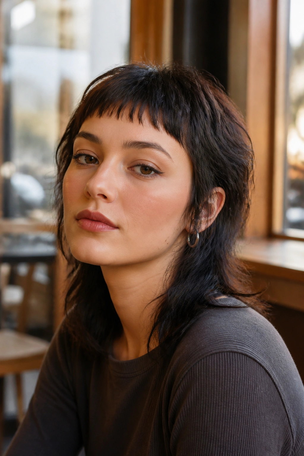 Close-up portrait of a real woman with micro bangs and feathered mullet back in warm cafe light