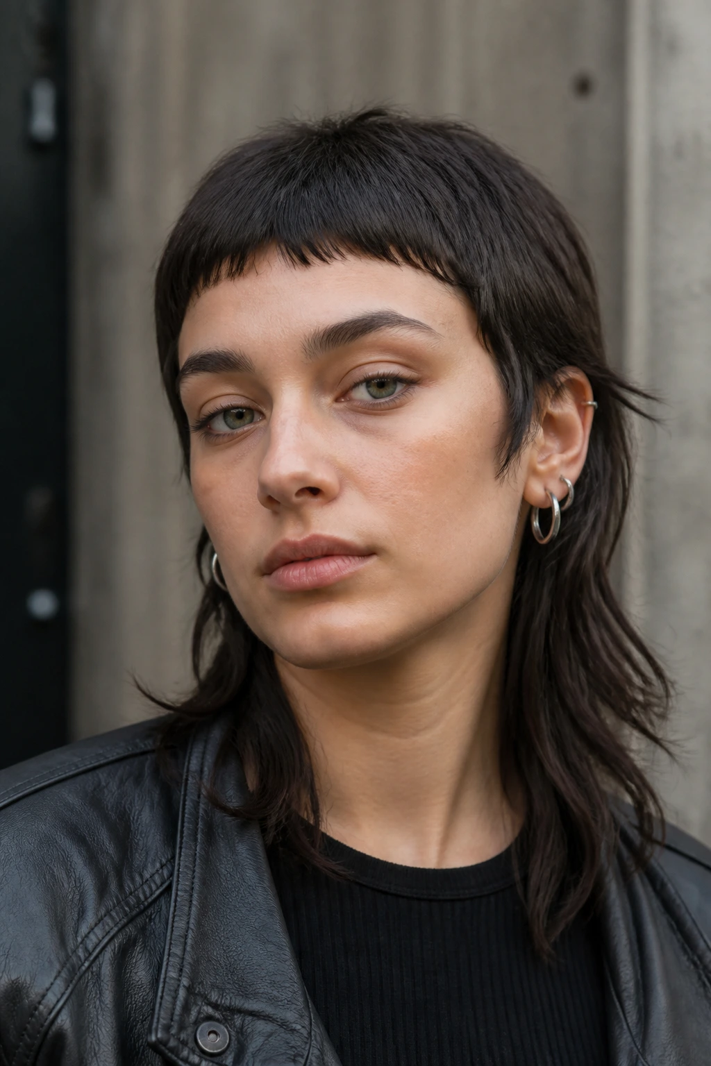 Close-up portrait of a real person with a mullet and micro fringe