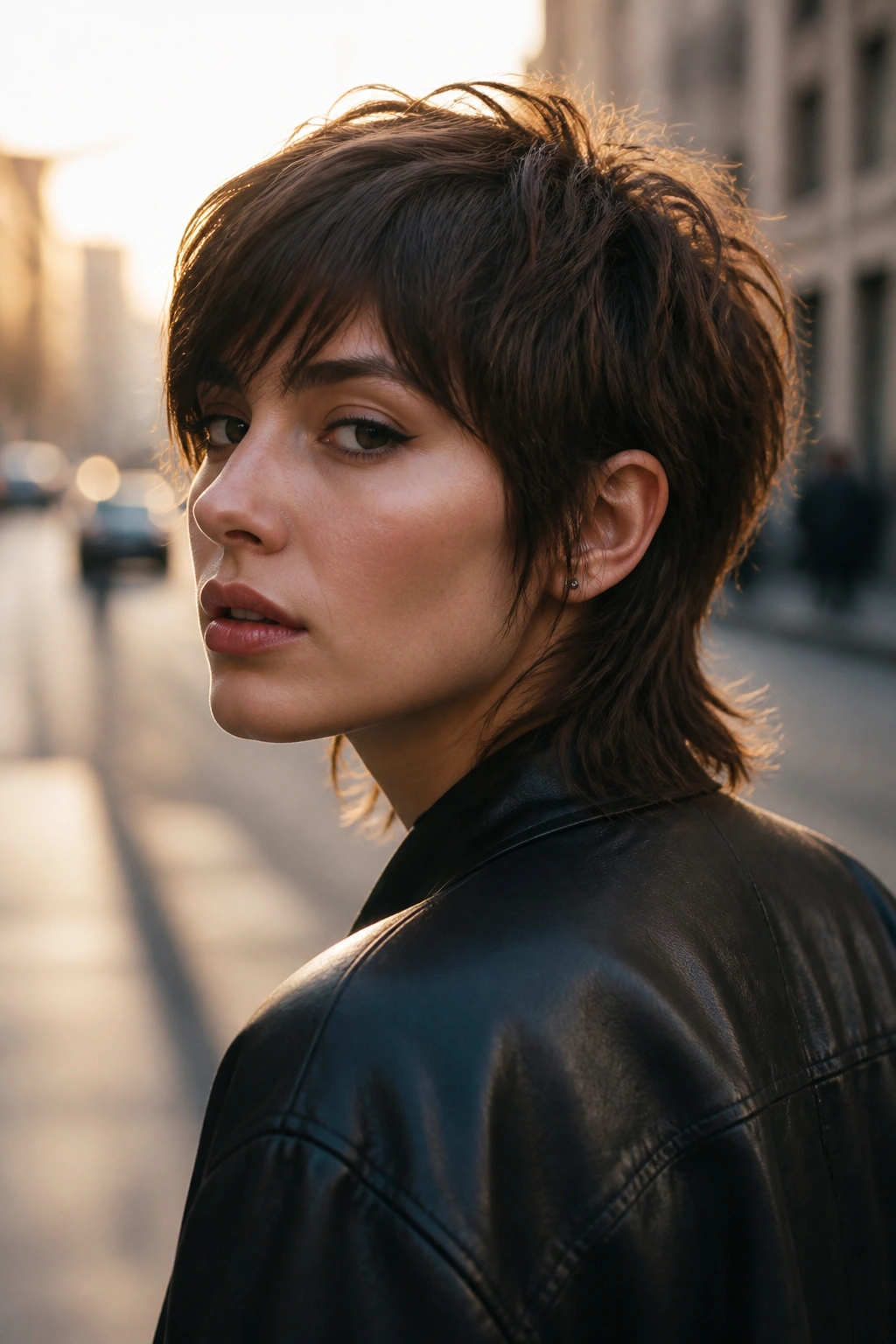 Three-quarter portrait of a real woman with mullet-leaning pixie and longer back.
