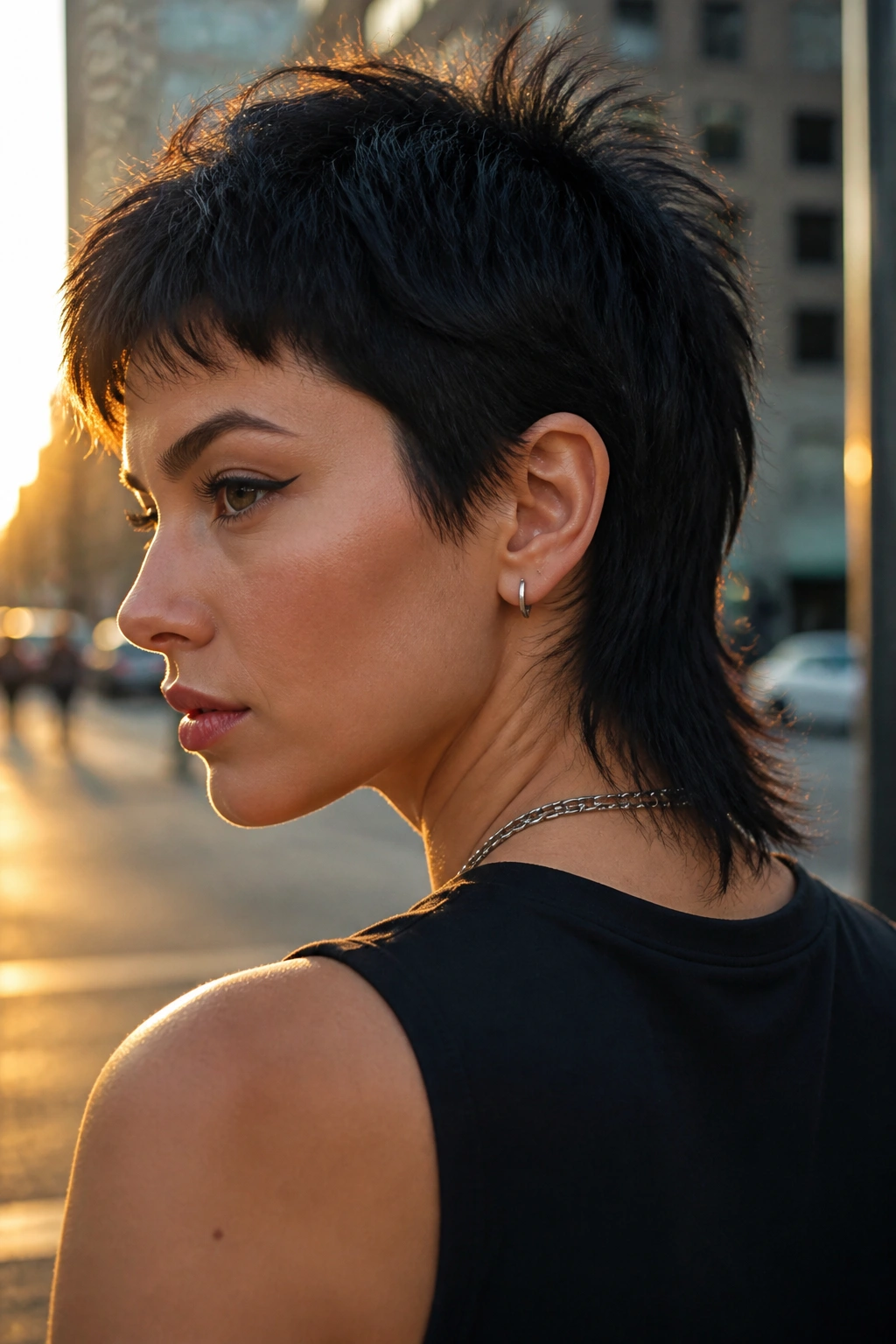 Close-up of a woman with a mullet-inspired pixie haircut on a city street at golden hour