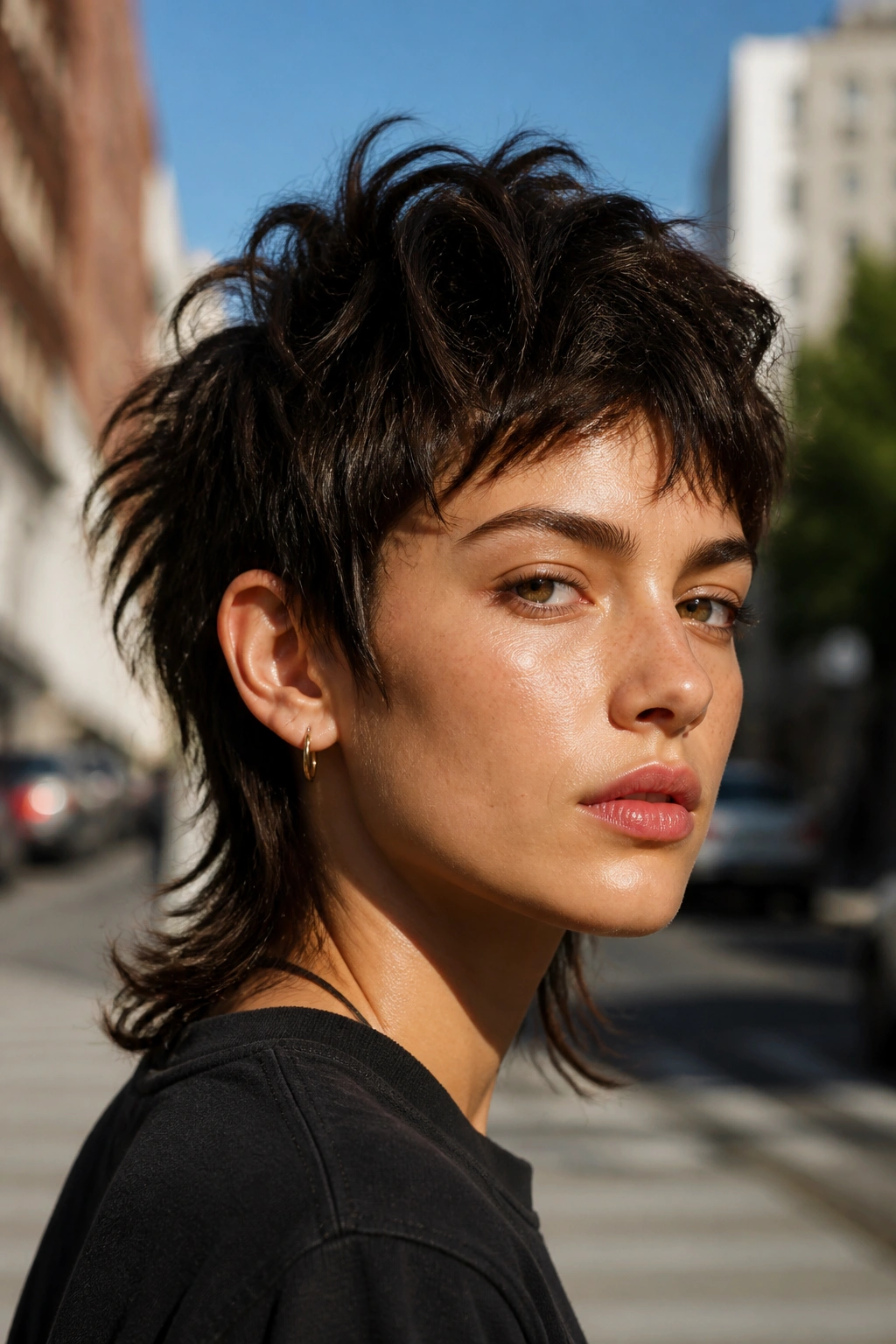 Portrait of a person with mullet-leaning wolf pixie showing longer back