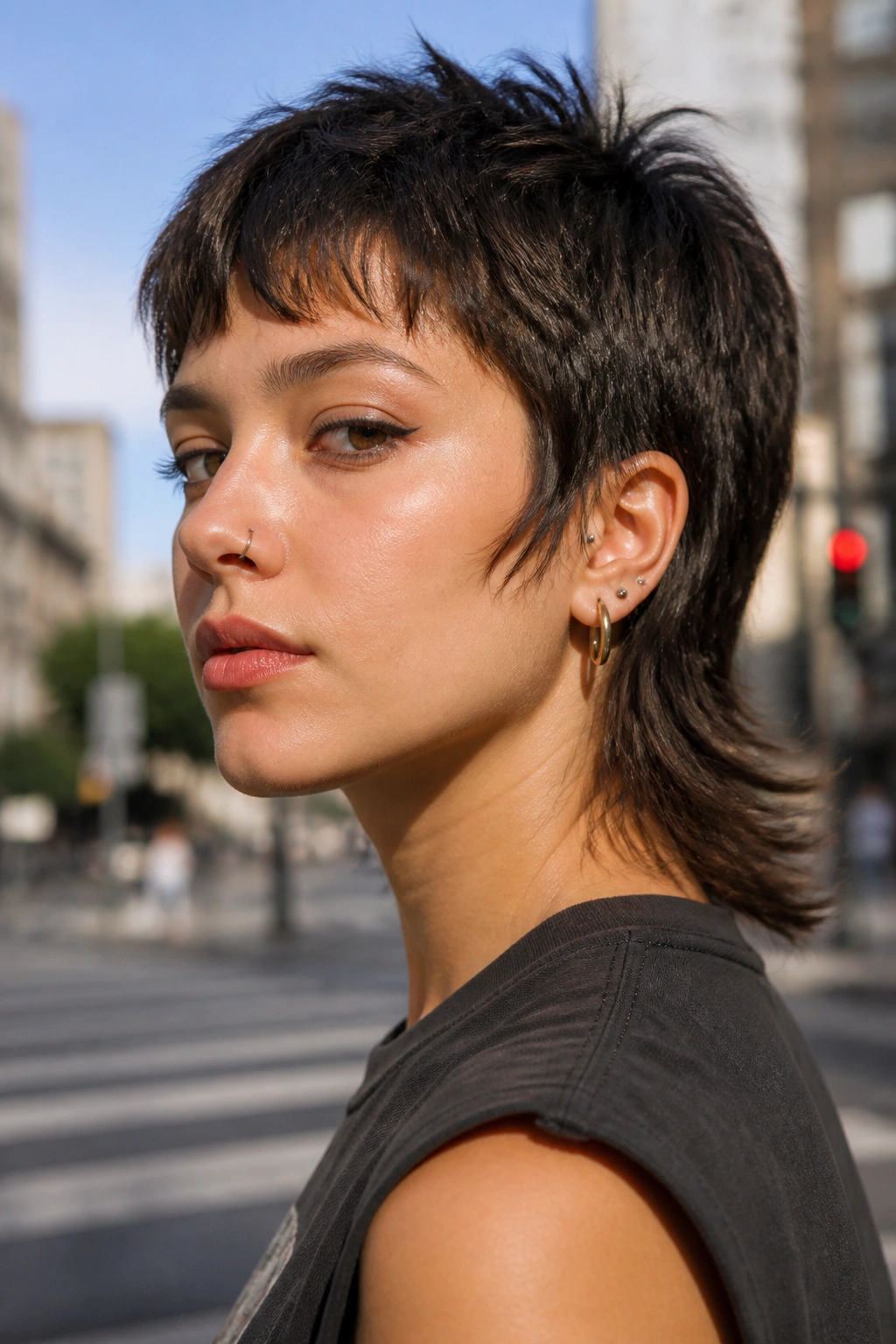 Close-up portrait of a real person with a mullet-leaning pixie wolf haircut in an urban setting