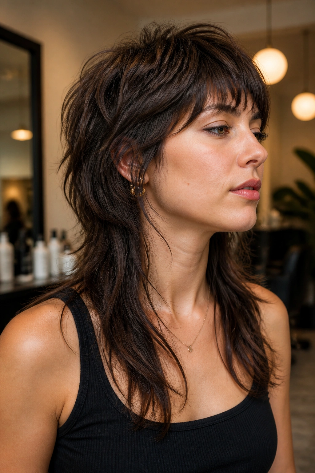 Close-up portrait of a real woman with a mullet-inspired shag and longer back length, hair in soft movement.