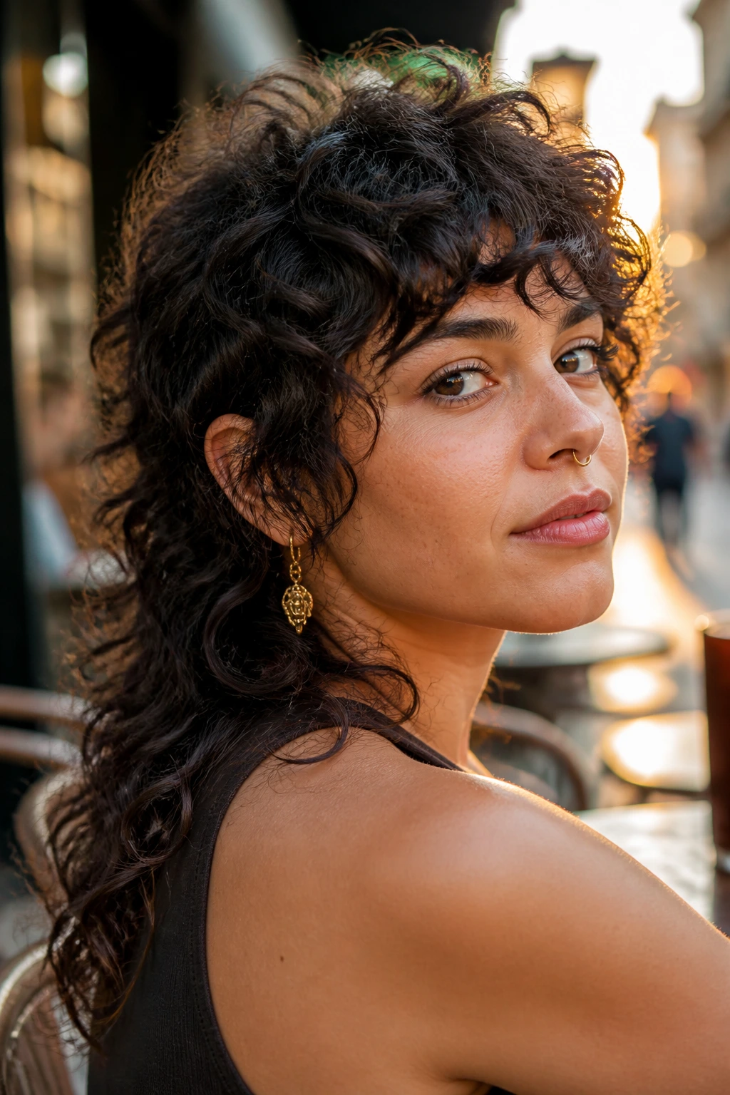 Close-up portrait of a real person with modern mullet-shag on curly hair during golden hour.