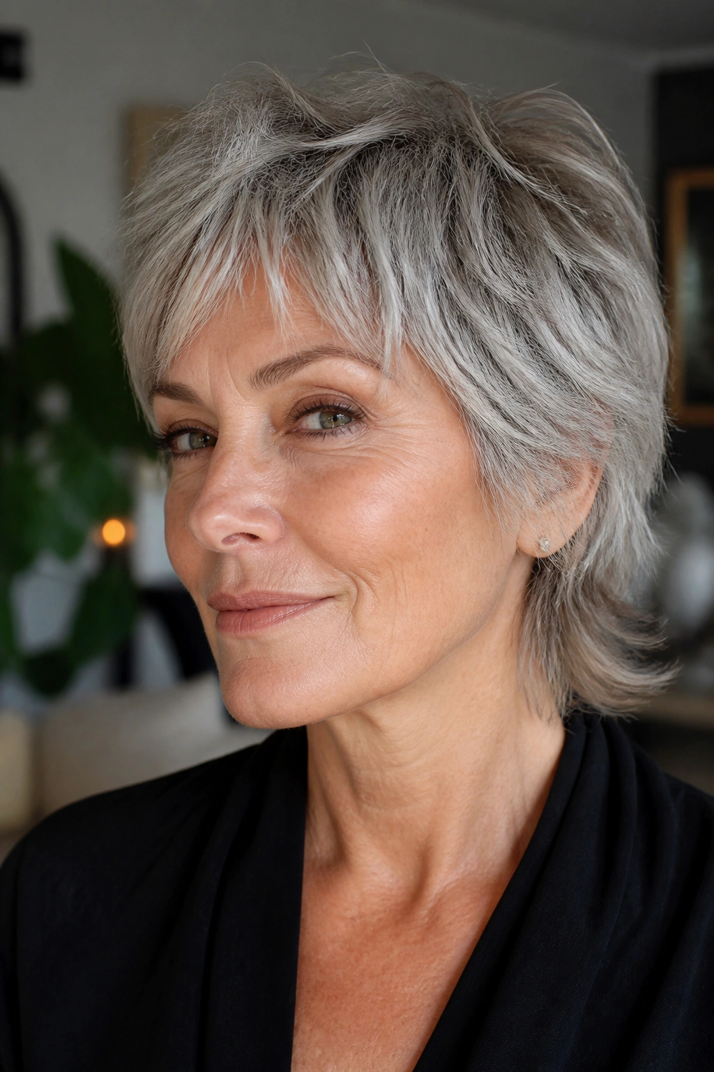 Real woman with mullet-inspired shag hairstyle in gray hair
