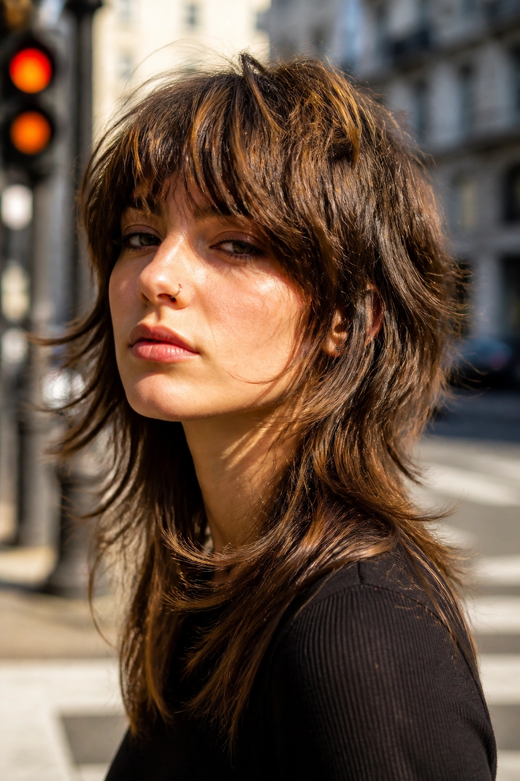 Portrait of a person with mullet-leaning long shag featuring shorter crown and long back.