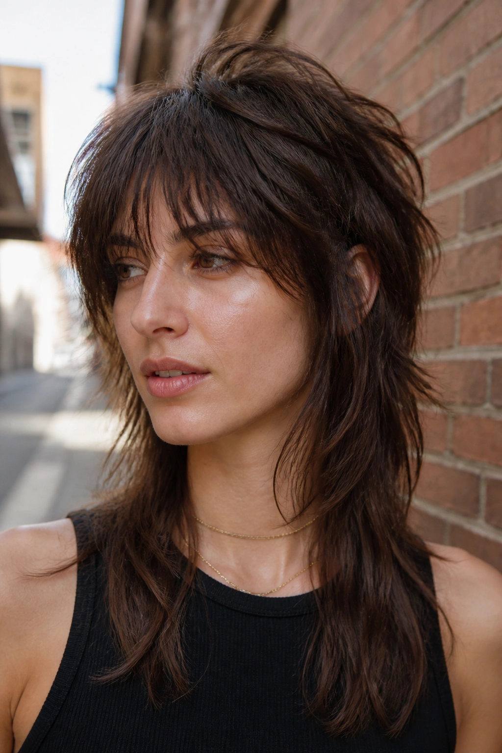 Real woman with mullet-leaning shag showing longer back layers