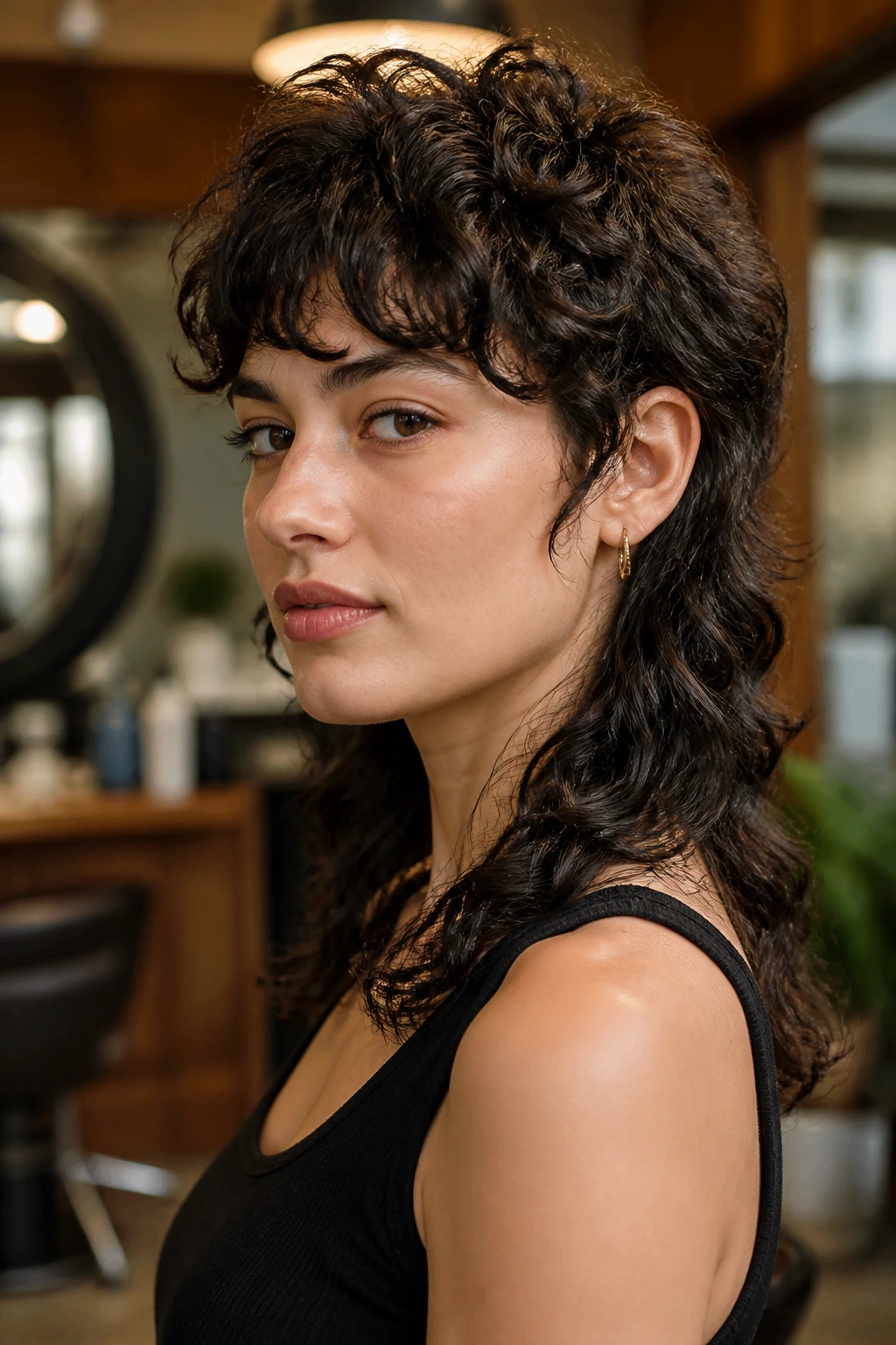 Three-quarter portrait of a real person with a mullet-inspired shag perm highlighting long back and crown lift in a salon