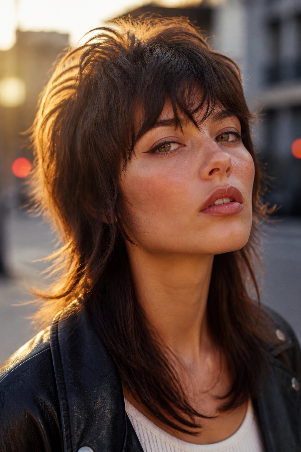 Close-up portrait of a real person with mullet-inspired shag hairstyle