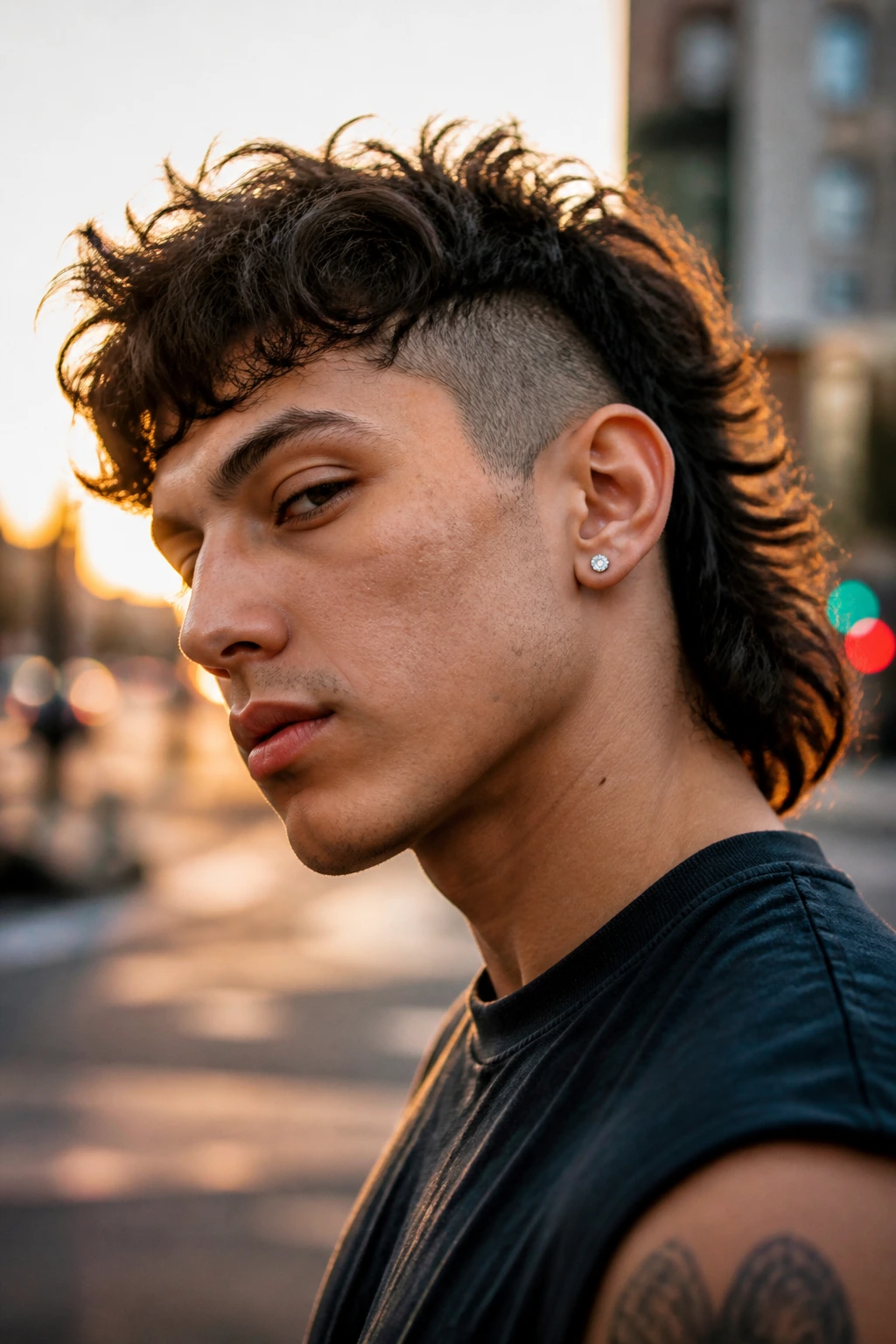 Close-up portrait of a real person with a mullet undercut, shaved sides and longer back.