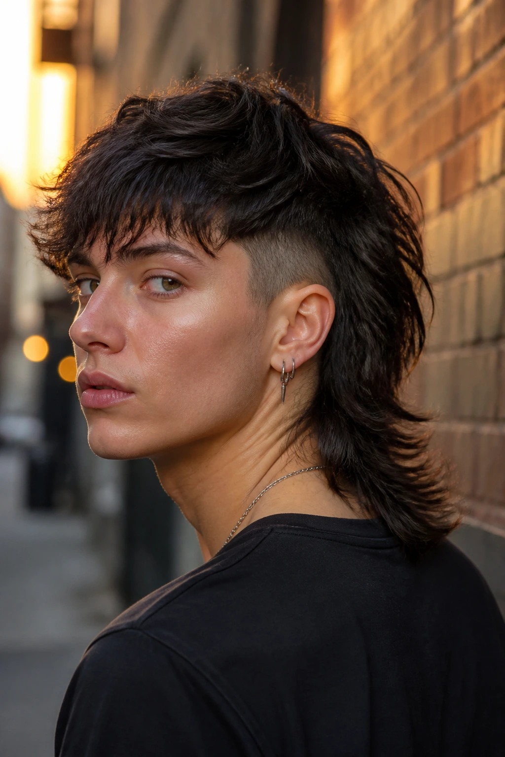 Close-up portrait of a real person with mullet-inspired undercut shag showing longer back and textured crown