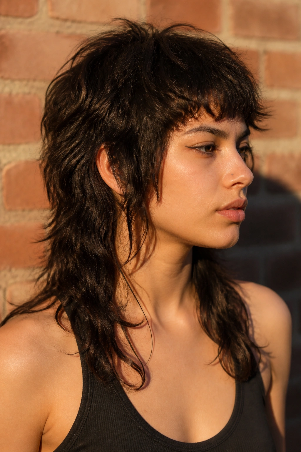 Portrait of a real person with a mullet-heavy wolf cut outdoors.